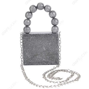 Bolso de mano tipo clutch plateado con purpurina y asa de esferas con cuentas, de diseño, para fiestas y eventos, para compradores mayoristas, OEM y de marca privada - Product Image 1