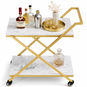 Carrito de Bar de Acero Inoxidable Dorado de Lujo con Estantes de Mármol, Carrito de Servicio con Ruedas, Carrito de Bebidas Moderno para Cocina de Hotel - Product Image 2