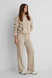 Conjunto de chándal de dos piezas para mujer: sudadera con capucha beige y pantalones de pierna ancha, estilo casual y holgado para estar en casa - Product Image 6