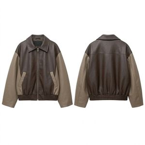 Olive Brown Finish <b>Women</b> <b>Leather</b> <b>Jacket</b> Windproof Contrast Panel Spread Neck Raglan <b>Long</b> Sleeves Heated <b>Womens</b> Coats - Product Image 2