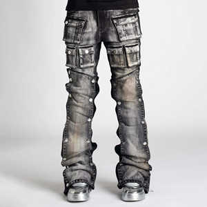 Jean Cargo en Denim pour Homme, Coupe Slim Unisexe, Respirant, Écologique, Délavé, Multi-Poches, Vente en Gros - Product Image 5