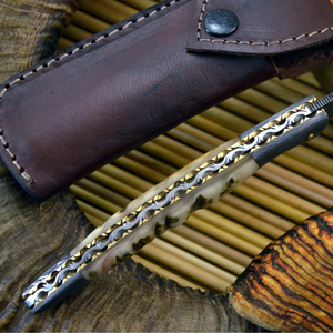 Couteau de chasse en acier Damas, lame à pointe tombante, avec manche en bois et étui en cuir, OEM, pour usage en plein air et camping - Product Image 6