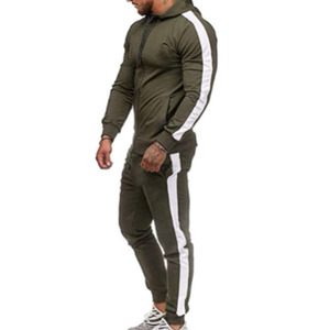 Ensemble de survêtement pour homme vert olive à capuche, manches longues, fermeture éclair, poches latérales, tenue décontractée d'automne, design rayé, coupe régulière - Product Image 1