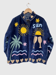 Veste en velours brodée de fleurs bleues, col mandarin, manches longues, grande taille, vêtements d'automne pour femmes - Product Image 1