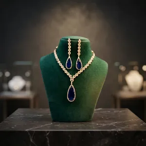 Ensemble collier et boucles d'oreilles pour femme en argent plaqué, saphir et pierre taille poire, classique, pour mariage - Product Image 4