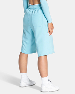 Shorts taille haute pour femmes, bleu ciel, avec lignes contrastées, poches, taille élastique, style sportif, en tissu tricoté respirant, vente en gros, OEM - Product Image 2