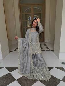 Grey Embroidered Silk Anarkali Suit For Women Traditional Indian Pakistani Style Floor-Length Regular Fit Wedding Wear - Product Image 4