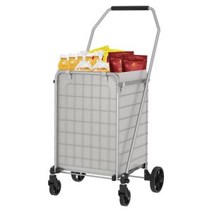 Carrello spesa pieghevole in alluminio a doppio cestello con ruote girevoli a 360° e ripiano - Product Image 4