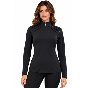 Camisa de equitación de manga larga para mujer con cuello alto, cremallera de cuarto de cierre y detalles decorativos en los hombros - Product Image 1