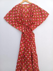 Women Pink Floral Block Print Cotton Kaftan Maxi <b>Dress</b> Loose Fit <b>Boho</b> <b>Summer</b> Beach Resort Wear - Product Image 2