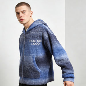 Sweat à capuche décontracté pour homme, tendance, bleu gris dégradé, en tissu texturé duveteux, avec fermeture éclair, imprimé personnalisé, poche surdimensionnée - Product Image 4