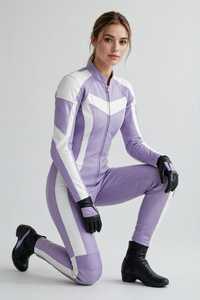 Combinaison de course moto une pièce pour femme en cuir violet et blanc, à blocs de couleur, manches longues - Product Image 3