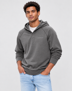 Sweat-shirt à capuche gris pour homme, coupe oversize, manches raglan, fermeture à boutons, logo en strass, pull décontracté en coton - Product Image 3