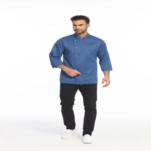 Veste de chef en denim professionnelle de dernière génération pour hommes, manches courtes, fermeture à boutons, uniforme de restaurant et de bar, bleu - Product Image 4