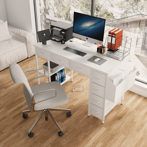 47\" White Home Office Computer <b>Desk</b> <b>with</b> Power Outlet Writing Vanity Table & 7 Fabric <b>Drawers</b> <b>Large</b> Side Pocket - Product Image 2