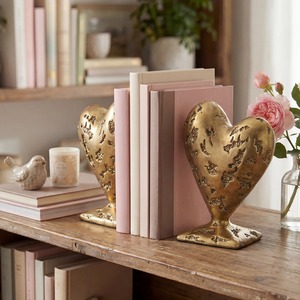 Gold Plated Heart Bookends 2Pcs Engraved Contemporary Sculptural Metal Decor for Home Office Desk Accessories - Product Image 3