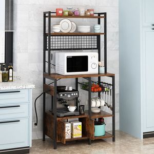 6-Layer Double-Door Cabinet 10 S Hooks Retro B <b>Microwave</b> Oven <b>Rack</b> Particleboard Triamine Paste 80*40*170cm Kitchen Storage - Product Image 2