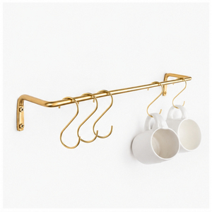 Modern Wall Mounted Kitchen Utensil Rack with S-<b>Hooks</b> Gold Pot and Pan Rail Organizer Space-Saving Multi-Purpose Metal Hanger - Product Image 6