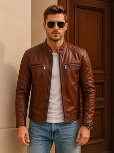 <b>Brown</b> <b>Leather</b> <b>Jacket</b> for <b>Men</b>, Motorcycle <b>Jacket</b>, Cafe Racer <b>Jacket</b>, Vintage Moto <b>Jacket</b>, Quilted Shoulder <b>Leather</b> <b>Jacket</b> - Product Image 1