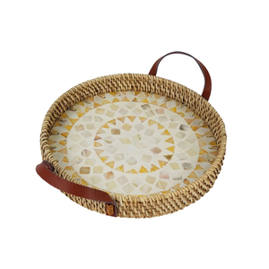 Bohemian Style Round Capiz Shell inlay Rattan Decorative Serving <b>Tray</b> with Handles Stackable <b>Storage</b> <b>Tray</b> from Vietnam - Product Image 1