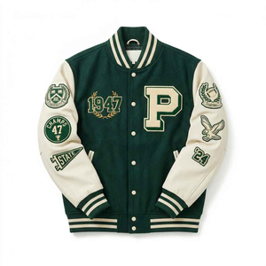 Veste universitaire pour homme en laine épaisse avec manches en cuir et patch en chenille, couleur vert et blanc, marque privée - Product Image 1