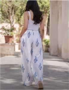 Trending Ladies <b>White</b> Blue Floral <b>Print</b> Cotton Trousers High Waist Loose Fit Wide Leg <b>Palazzo</b> Pants Summer Casual Loungewear - Product Image 1