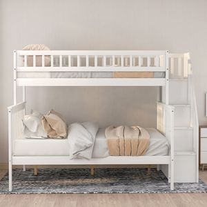 Letto a Castello Bianco con Scala e Contenitore, Dimensioni Twin Over Full, per Bambini - Product Image 4