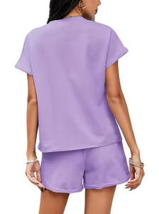 Conjunto de 2 Piezas para Mujer, Pantalones Cortos Morados, Poliéster/Algodón, Cuello Redondo, Manga Corta, Corte Holgado, Color Sólido, Cintura con Cordón, Hasta la Rodilla - Product Image 4