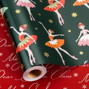 Rotolo di Carta da Regalo Verde Natalizia con Design Reversibile, Lucentezza Metallica, Ballerina, Fiocco di Neve, Decorazioni Natalizie - Product Image 1