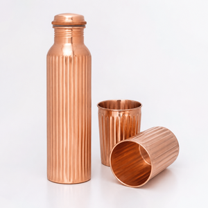 Ribbed Copper Water Bottle and Glass Set Pure Copper Drinkware for Home Office Yoga Travel and Daily Use - Product Image 1