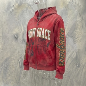Sudadera con Capucha Roja Unisex Snow Grace, Cierre de Cremallera, Corte Holgado, Diseño Bordado e Impreso, 100% Algodón, Estilo Hip Hop, Ropa de Invierno - Product Image 3