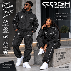 Unisex Black Hooded Tracksuit Set With <strong>White</strong> Stripe Casual Lightweight Polyester <strong>Joggers</strong> And Jacket For Adults Autumn Wear - Product Image 5