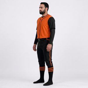 Ensemble uniforme de baseball pour hommes, orange et noir, maillot à manches courtes et pantalon, respirant, antibactérien, col en V, coupe classique, toutes saisons - Product Image 4