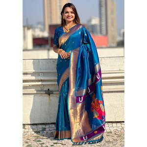 Sari en soie Paithani traditionnel tissé Rama Blue Zari Elite Weaves, motif Vitthala God, vêtement indien et pakistanais spécial, 650g - Product Image 4
