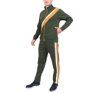 <b>Men's</b> Olive Green Tracksuit Set With <b>White</b> And Mustard Stripes Full Zip <b>Jacket</b> And Jogger Pants Breathable Sporty Design - Product Image 1
