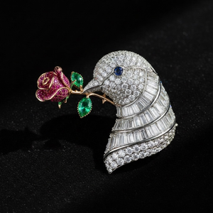 Broche Fleur d'Oiseau en Argent Plaqué Rhodium avec Moissanite et Émail Rose, Accessoire pour Veste de Costume, Cadeau pour Mariage d'Enfants - Product Image 2