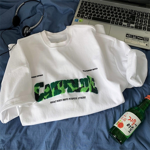 Oversized <b>White</b> <b>T</b>-<b>Shirt</b> With Green Flock Letter Print Short Sleeve O-Neck Streetwear Men's Jersey Knitted Cotton - Product Image 5