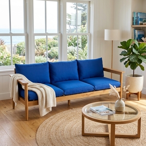 Canapé 3 places en teck massif avec coussins bleu roi, canapé de salon, canapé en bois artisanal, mobilier de salon moderne - Product Image 2
