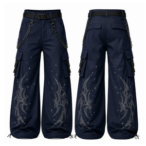 Gothic Wide Leg Cargo Pants With <b>Chain</b> Embroidery High Waist Multiple Pockets Men's Dark Blue Polyester Trousers - Product Image 1