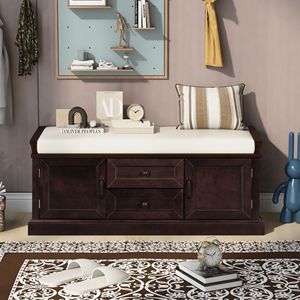 Living Room Storage Bench with 2 Drawers and 2 Cabinets Entryway Shoe Bench with Removable Cushion - Product Image 2