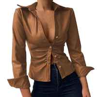 Herbstliche sexy V-Ausschnitt PU-Leder Damenhemden und -blusen, elegante Büro-Damenhemden, langärmlige Damenblusen, Clubwear-Kleider