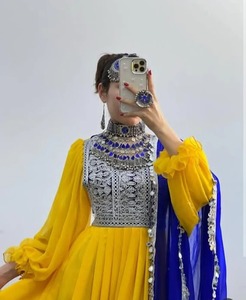 Afghan Yellow Embroidered Maxi With Blue Dupatta With Necklace And Ring For Women Kuchi <b>Long</b> Sleeve Couple Set Mens <b>Waistcoat</b> - Product Image 3