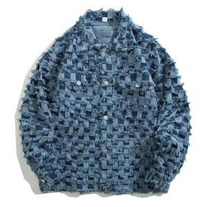 High Street Vintage Denim Jacket Men Harajuku Checker Tassel Varsity Coat Spring Casual Windbreaker Chaquetas sueltas Unisex coreano - Product Image 2