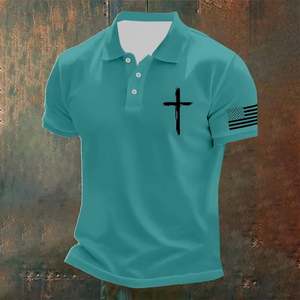 Chemise de golf Oxford décontractée pour homme, bleu clair, manches courtes, mélange polyester/coton, avec patch drapeau croisé, respirante, coupe régulière, 180g - Product Image 4