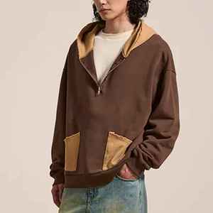 Oversized Men's Hooded Sweatshirt <b>Brown</b> With Tan Pockets Regular Sleeve French Terry 100% Cotton Autumn Wear - Product Image 2
