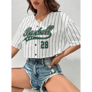 Unisex White Striped Baseball Jersey Short Sleeve Cropped <b>Top</b> <b>Green</b> Baseball Print Number 28 3D Embroidery Silk/Cotton Summer - Product Image 4