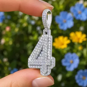 Iced Out Number 4 Moissanite Pendant 925 Sterling <b>Silver</b> Luck Pendant Jewelry - Product Image 3