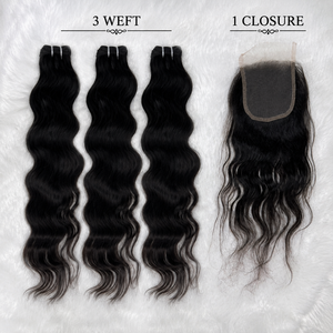 <b>Body</b> <b>Wave</b> Virgin Human Hair Extensions 3 Wefts With 1 Lace Closure 4x4 Natural Black Color Single Weft Remy Hair - Product Image 1