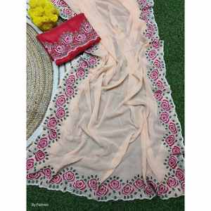 SEQUENCE DE FIL GEORGETTE ATTRACTIVE PIERRE TRAVAIL SAREE AVEC BLOUSE NON COUSÉE - Product Image 1