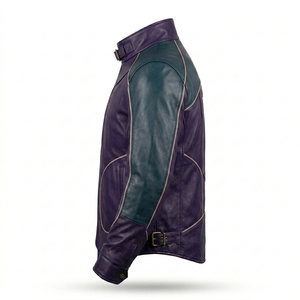 Veste de motard Darkry personnalisée pour homme en cuir véritable violet avec empiècements turquoise et fermeture éclair asymétrique – Vente en gros - Product Image 4